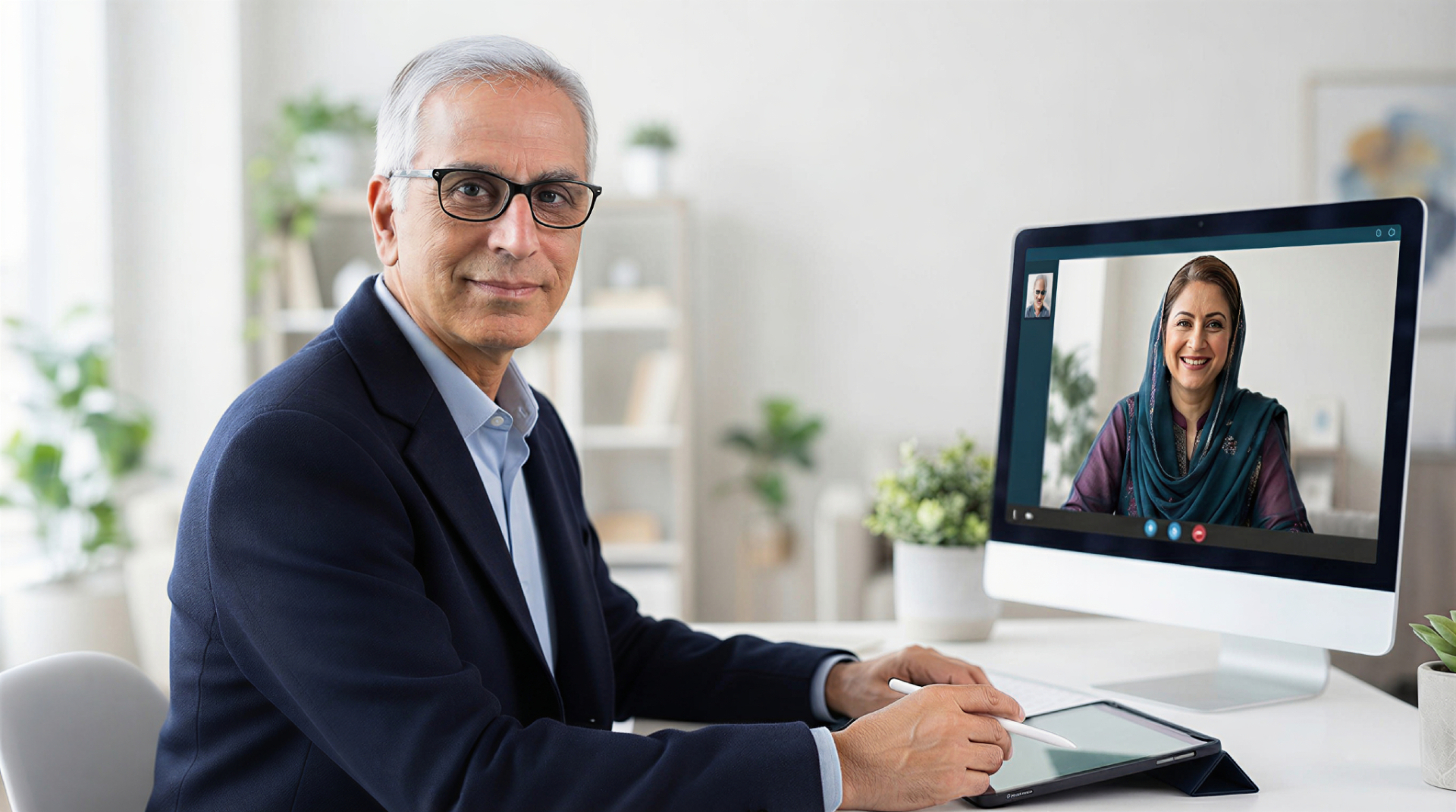 Prof. Dr. Ali Kazim conducting a private online video psychiatry consultation
